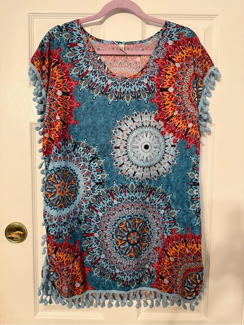 Blue Medallion Tassel-Trim Tunic Top